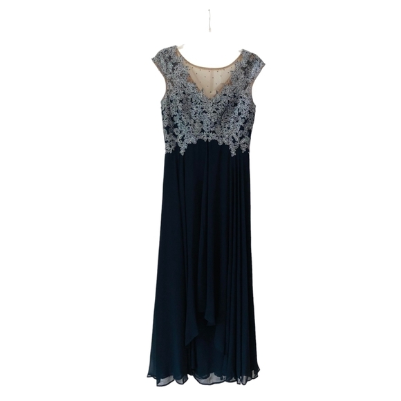 XSCAPE Navy Lace Zippered Illusion Chiffon Gown Cap Sleeve Round Neck 8 - Picture 5 of 6